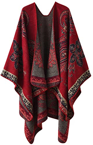 Comilaka Womens Printed Poncho Cape Oversized Shawl Wrap Open Front Cardigans Blanket Scarf Coat Warm Winter