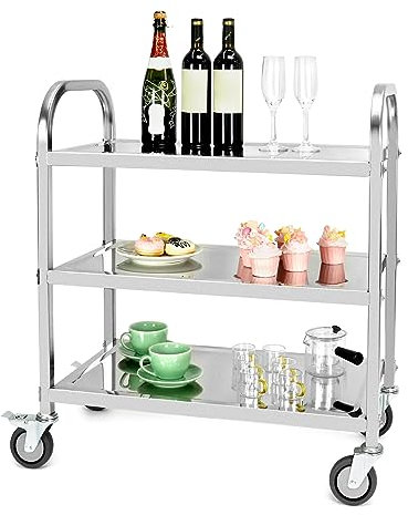 QWORK® 3-Etagen Edelstahl Servierwagen Teewagen Reinigungswagen mit Vibrationsarmen Bremse Lenkrollen für Küche, Hotel, Restaurant (75 x 40 x 83,5 cm)
