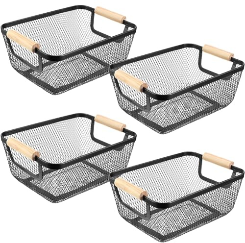 Ziliny 4 Pcs Metal Wire Basket with Wooden Handles Mesh Steel Storage Organizer Bin Containers for Home Organizing Cabinet Pantry Closet Kitchen Fridge Fruit Makeup Snacks Gifts(Small,Black)