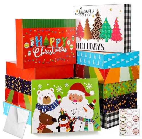 HOIIOH 12 Stück große Weihnachts-Geschenkboxen mit Deckel (43×33×10 cm) - Geschenkkartonset mit Aufklebern für Kleidung, Roben, Pullover - stabile Pappschachteln für große Geschenke