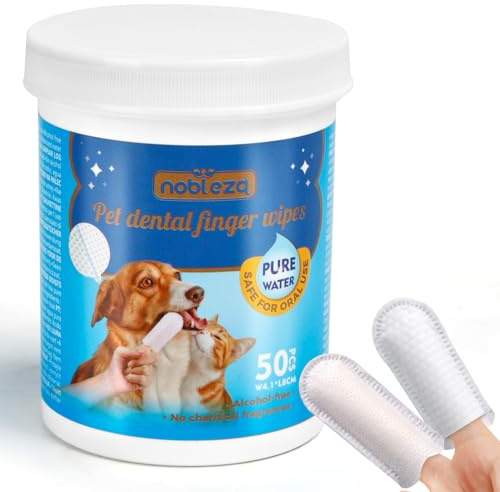 Nobleza Almohadillas de Limpieza de Dientes para Perro y Gato, 50pcs Toallitas de Higiene para Perros, Eliminación Eficaz del Sarro, No Irritante, Tooth Finger Wipes Pure Water W4.1*L8CM White Pink