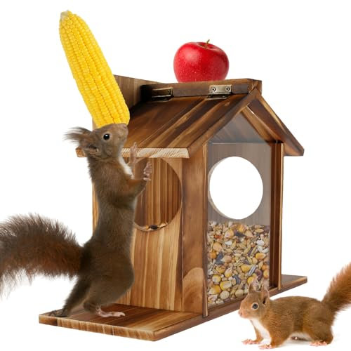 Wooden Squirrel Feeder for Outdoor Winter Garden, Large Capacity Squirrel Feeding Station with Flexible Roof, New Premium Gift for Squirreles and Chipmunk Lover