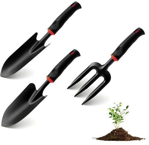 Set de Herramientas de Jardinería 3 Piezas de Acero Inoxidable con Mango Antideslizante – Paleta, Azada y Transplantador para Huerto, Jardín, Invernadero y Macetas