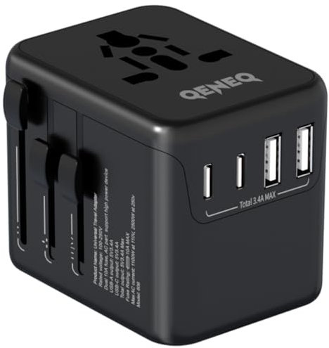 QENEQ Reiseadapter Weltweit Universal Reisestecker Adapter Weltweit mit 2 USB A und 2 USB C 10A Internationaler Steckdosenadapter für USA England Japan Australien Travel Adapter（Schwarz）
