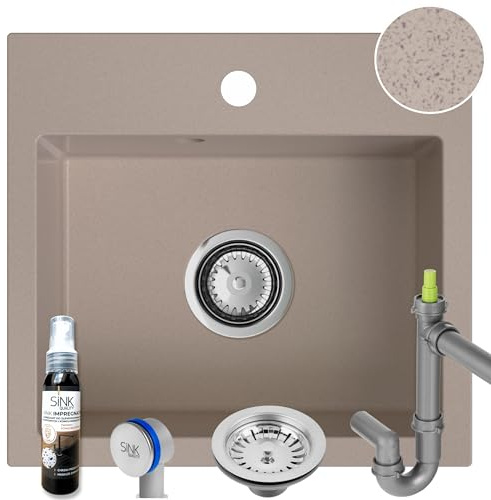 Sink Quality Lavandino beige 45 × 42 cm – Lavello da incasso con sifone e impregnazione – Lavabo beige per mobiletto da 45 cm – Lavello in granito 1 bacino – Lavello senza scolapiatti