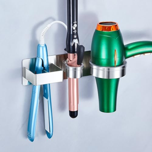 Hairdryer and Straightener Holder Wall Mount Hair Dryer Holders Metal, 3 in1 Hair Tools Organiser for Curling Iron & Straightener, Hairdryer Holder for Dressing Table, Bathroom, Salon (Silver)