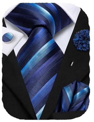 Hi-Tie Cravatte per gli uomini Pocket Square spille da bavero gemelli formali in seta intrecciata cravatta set festa di nozze, A righe blu., M