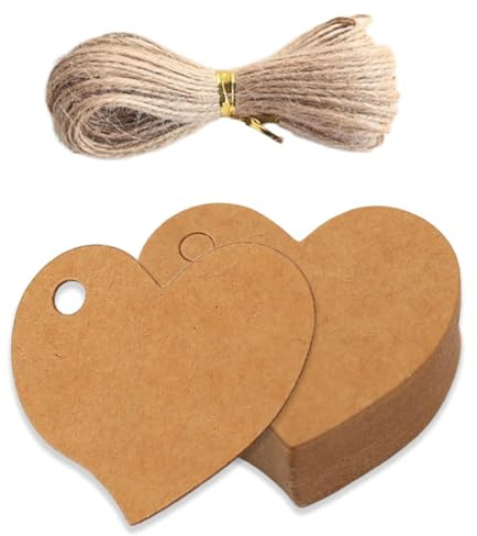 COYUN 100pcs Bigliettini Bomboniere,Etichetta in Carta Kraft a Forma di Cuore e Spago da 10 M per l'Uso Come Souvenir di Nozze, Confezionamento di Regali, Realizzazione di Oggetti Artigianali ecc