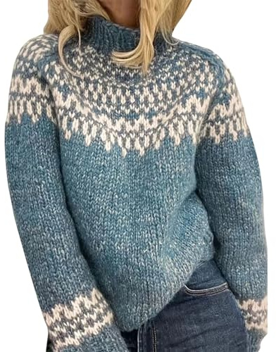 Genérico Jersey de punto para mujer noruego, elegante, cálido, de invierno, de talla grande, con estampado, cuello redondo, suéter casual, cómodo, suave, suéter de punto, suéter de lana, sudadera de