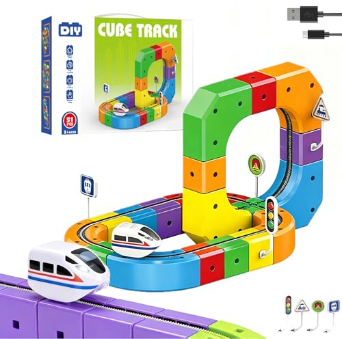 Trenes de Juguetes para Niños, Set de Tren Eléctrico Klickrail, Juego de carriles eléctricos de construcción, Sistema de Montaje 3D y Vagones Motorizados (Set de 51 Piezas + 1 Locomotoras)