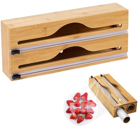Dispensador de papel de aluminio 2 en 1 – Dispensador de papel de aluminio y cortador de láminas de bambú, dispensador de láminas para cajón o pared, dispensador de papel de cocina, 33 × 14 × 7 cm