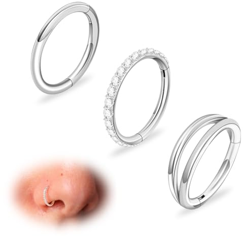 Sweetkiki 18G 3Pcs Nose Rings Hoop Studs Surgical Steel Septum Ring Tragus Cartilage Clicker CZ Small Gold Silver Double Nose Ring Nose Hypoallergenic Nose Body Piercing Jewelry for Women Men