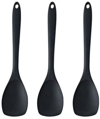 Uppsättning av 3 silikonkokskedar, anka pajspatel för omrörning och skrapning, värmebeständig kökshjälpmedel för non-stick-stekpannor, flexibel serveringssked och degskrapa i svart
