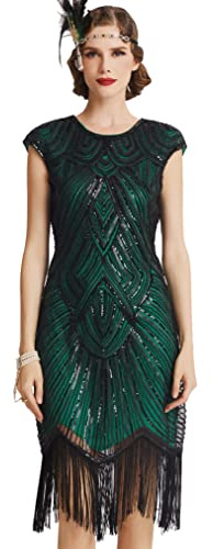 BABEYOND - Vestido de charlestón con Estilo de los años 20, del Gran Gatsby, con Flecos y Cuello de Pico, Verde, XXXL