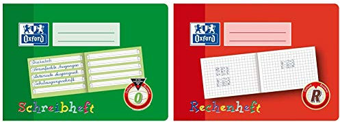 Oxford Schreibheft A5 quer, Lineatur 0 (1. Klasse) Schulheft mit 16 Blatt, grün, 10er Pack & Schule Rechenheft A5 quer, Lineatur R (1. Klasse), 16 Blatt, rot, 10er Pack
