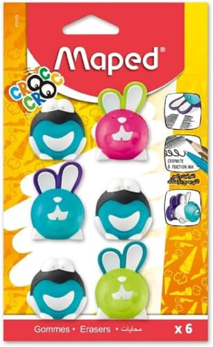 Maped - Lot de 6 Gommes Croc Croc Grenouille et Lapin - Gomme qui Efface Différents Types d'Encres et Crayons - Gomme Puzzle Amusante pour les Enfants
