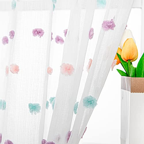 MYSKY HOME Short Curtains for Bedroom Rainbow Pom Pom Sheer Curtains Kitchen Bathroom 54 Inches Long Curtains Nursery Boys Kids Room Rod Pocket 2 Panels Small Window 38 x 54
