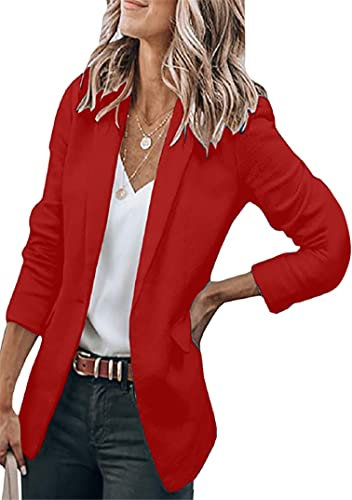 EFOFEI Damen Slim Fit Langarm Blazer Leichte Bürojacke Einfarbig Anzug Kragen Revers Vorne Offen Anzug Mantel Rot S