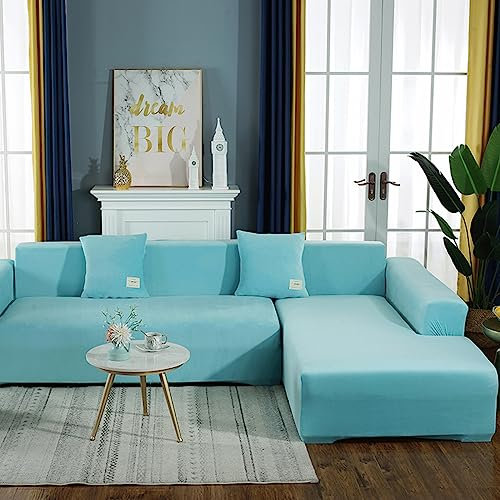 JunJiale Couchbezug in L-Form, segmentierter Sofabezug, 1-teilig, weicher Stretch-Sofa-Schonbezug, 3-Sitzer-Möbelschutz, Couch-Schonbezug (Himmelblau)