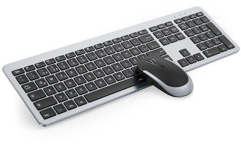 Tastatur Maus Set Kabellos, seenda SK38-3 Ultra-Dünne Wiederaufladbare Funk Tastatur Maus Set, Ergonomische Tastatur Kabellos mit Silikon Staubschutz für PC/Laptop/TV, DE QWERTZ Layout, Schwarz&Silber