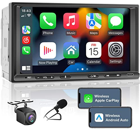 Doppel Din Radio mit Wireless CarPlay & Wireless Android Auto, Autoradio mit Navi 7 Zoll Bildschirm, Auto Radio Touch Display mit Bluetooth, Mirror Link, AM/FM, Rückfahrkamera USB/AUX/SWC 2Din……