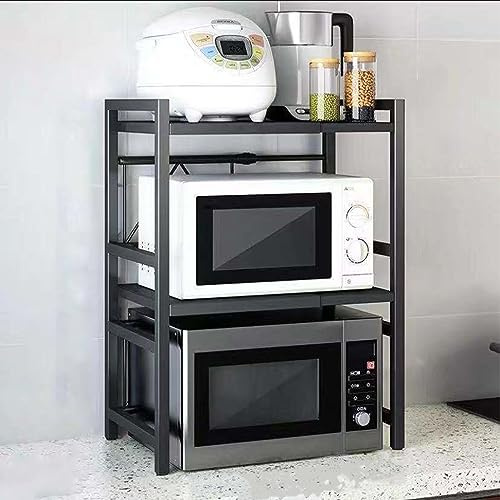 Dripex 3 Tiers Expandable Microwave Oven Rack for Kitchen Pots Pans Rice Cooker, Carbon Steel Kitchen Shelf with 6 Hooks Black