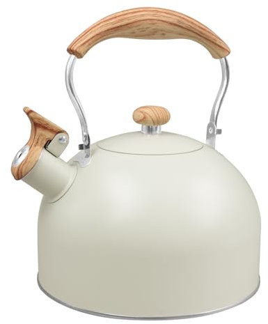 Whistling Kettle for Stove Top 2.5L Stainless Steel Teapot with Wood Pattern Folding Handle Stovetop Camping Kettle for Boiling Water Coffee Tea (Milk White)