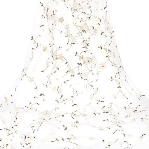 PH PandaHall Tessuto in tulle con fiori da 1,8 m, larghezza 1,3 m, tessuto a rete bianco, per ricamo, foglie, tessuti a rete per fai da te, cucito, abbigliamento, abiti, tende, decorazioni per
