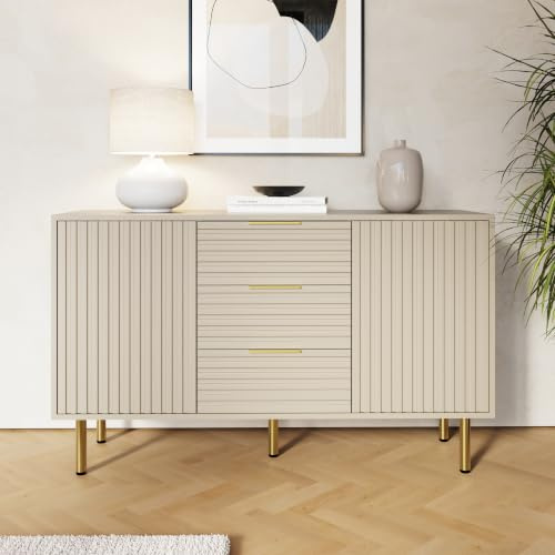 GFW Nervata Sideboard, Oak Effect Storage Cabinet with 3 Drawers, 2 Doors & Art Deco Inspired Design
