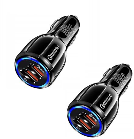 GADIRIA 2-pack billaddare med 2 USB-A Quick Charge 3.0-portar, snabb och säker laddning för enheter, LED-bakgrundsbelysning, kompatibel med 12–24 V ingång, svart