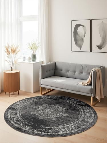 Hanse Home Lydia Alfombra de Pelo Corto, Redonda, Oriental, de Pelo Corto, clásica, Suave en diseño Oriental para salón, Dormitorio, Comedor, Pasillo, Gris, diámetro 120 cm