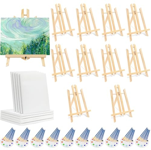Canvas Easel Set, 130 Pcs Painting Supplies Kit with Easels & 8x10 Inch Canvas, 10 Easels+10 Palettes+100 Paint Brushes, Art Canva Painting Kit for Paint Party Acrylic Pouring Oil Water Color