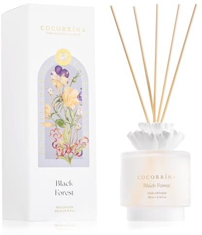 COCORRÍNA Reed Diffuser Set with 8 Fragrance Sticks 200ml, Black Forest, Long-lasting, Home Fragrance for Bathroom, Living Room, Bedroom, Shelf Decoration (Gypsum Flower)