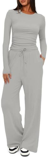 Joligiao Womens Tracksuit Loungewear Co Ord 2 Piece Sets Outfit Long Sleeve Ruched Top and High Elastic Waisted Wide Straight Leg Trouser Pants with Drawstring Pockets Yoga Gym Joggers Full Sets