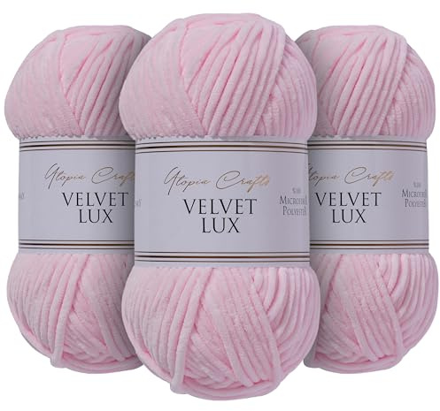 Utopia Crafts Velvet Lux Chenille Wolle 3×100g – Superweiche Häkelwolle & Strickwolle für Decken, Spielzeug, Amigurumi – Häkelnadel 5,5mm, Flauschig (Flamingopink)