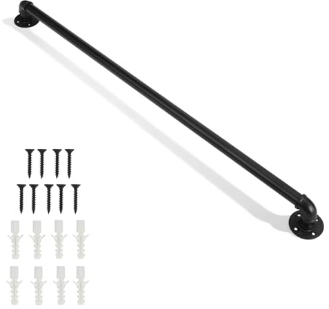 VINGLI Wall Mounted Pipe Handrail for Outdoor&Indoor, Metal Stair Railing for Elderly/Disabled, Adjustable Tube Safety Handle for Porch, Bathroom, Steps (Black, 4 ft)