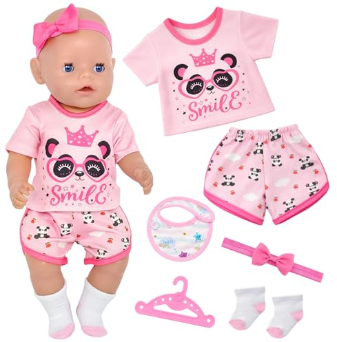 6 Pcs Baby Doll Clothes, Compatible with New Born Baby for 14-18 Inch with 1T-shirt 1 Shorts 1 Headband 1 Bib 1 Socks 1 Hanger, Pink Panda Dolls Clothes Accessories for 30-45 cm Girls Birthday