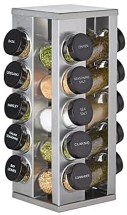 Kamenstein 20 Jar Heritage Revolving Countertop Spice Rack Organizer with Spices Included, FREE Spice Refills for 5 years, Brushed Stainless Steel with Black Caps