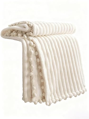 DISSA Manta de Forro Polar tamaño Individual, 51 x 63 Pulgadas, Beige, Suave, Afelpada, esponjosa, cálida, acogedora, sofá, Cama, sofá, con Flecos de pompón, Manta de Franela