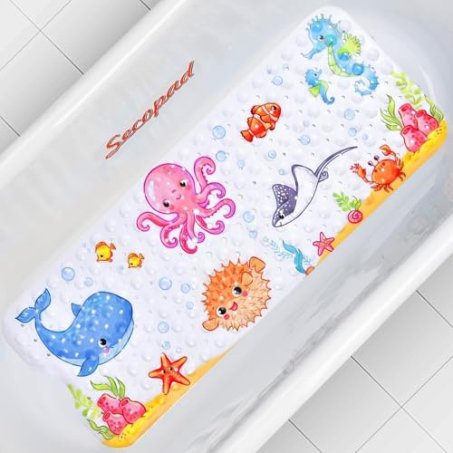 Secopad - Alfombra de baño para tina antideslizante, lavable a máquina, antideslizante con dibujos animados para bebé, alfombrilla de ducha para bañera con orificios de drenaje y ventosas para niños