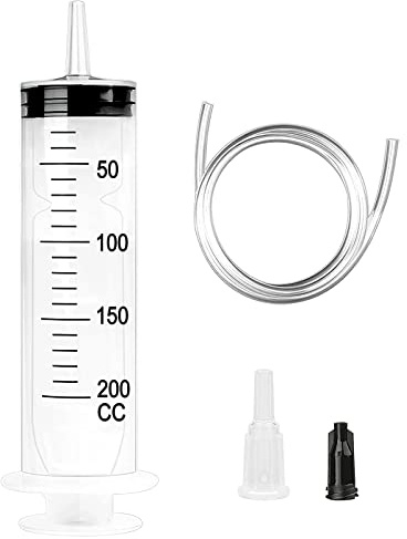 Stor spruta 200 ml, plastspruta, återanvändbar flytande spruta med slang och propp och grävmaskinsslang för laboratorium, industri, trädgård och husdjursfoder, vit