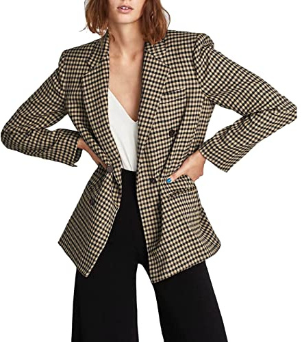 Blazer Carreaux Femme - Femmes Double Poitrine Imprimé Cardigan Costume Formel Manches Longues Bureau d'affaires Veste Manteau Chemisier Manteau Peau Lainé