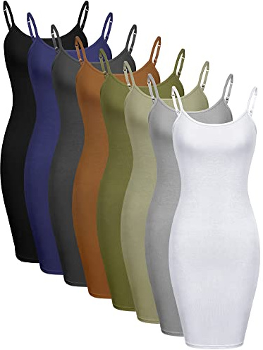 Geyoga 8 Pcs Full Slip for Women Under Dress Mini Adjustable Spaghetti Strap Cami Shapewear Undergarment(Large)