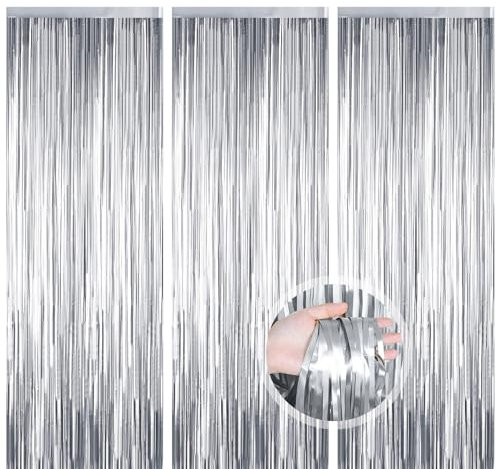 DEARBAG 3 Stück Lametta Vorhang Silber Glitzer, Metallische Glitzervorhang Fringe Folie fransen Vorhang, Funkeln Vorhang Dekoration für Weihnachtsbaum Geburtstag Party Hochzeit Bühnendekor