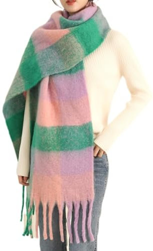 MININAI Chunky Winter Schals für Frauen Kaltes Wetter Warm Strick Dicker Plaid Schal Lange Große Übergroße Karierte Schals, Pink/Grün, Einheitsgröße