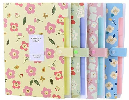 4 Piezas Carpeta Expandible A4, Acordeón Carpeta con Etiquetas, Portátil Organizador Documentos, Organizador de Archivos con 7 Bolsillos, Clasificadora de Documentos con 4 Etiquetas Adhesivas(Flor)