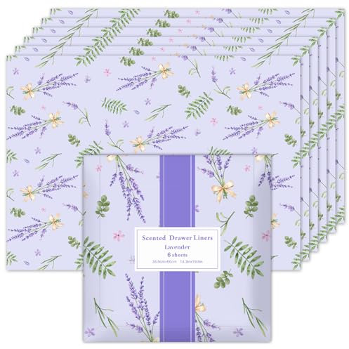SCENTORINI Papier Parfumé Feuilles Parfumées pour Tiroirs Décoration Papier d'emballage Parfumé pour Cadeaux Tapis de Fond pour Tiroirs, Placards, Armoires et étagères, 6 Feuilles (Fleurs de Lavande)