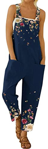 YIzdegg Peto de verano para mujer, pantalones de trabajo con bolsillos, estampado de flores coloridas, tirantes finos, mono de verano, sin mangas, holgado, mono vaquero, cómodo, elástico, transpirable
