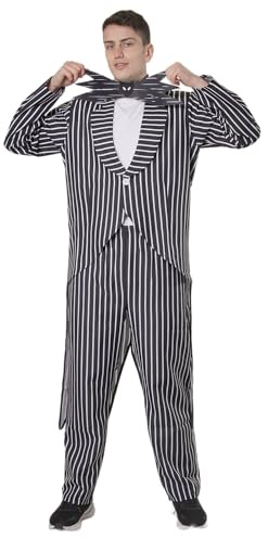 Carnavalife Disfraz Hombre Rayas Jack Skellington Halloween con Abrigo Largo Cola Pajarita Murciélago y Pantalones Traje Pesadilla Navidad Cosplay (Disfraz Traje Jack, L)