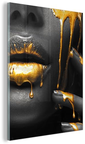 MuchoWow© Impression sur Verre 60x80 cm Déco Esthétique pour la Chambre et le Salon Peinture en Verre Photo Cadeau Décoration Intérieure Femme - Noir - Or - Visage - Lèvres